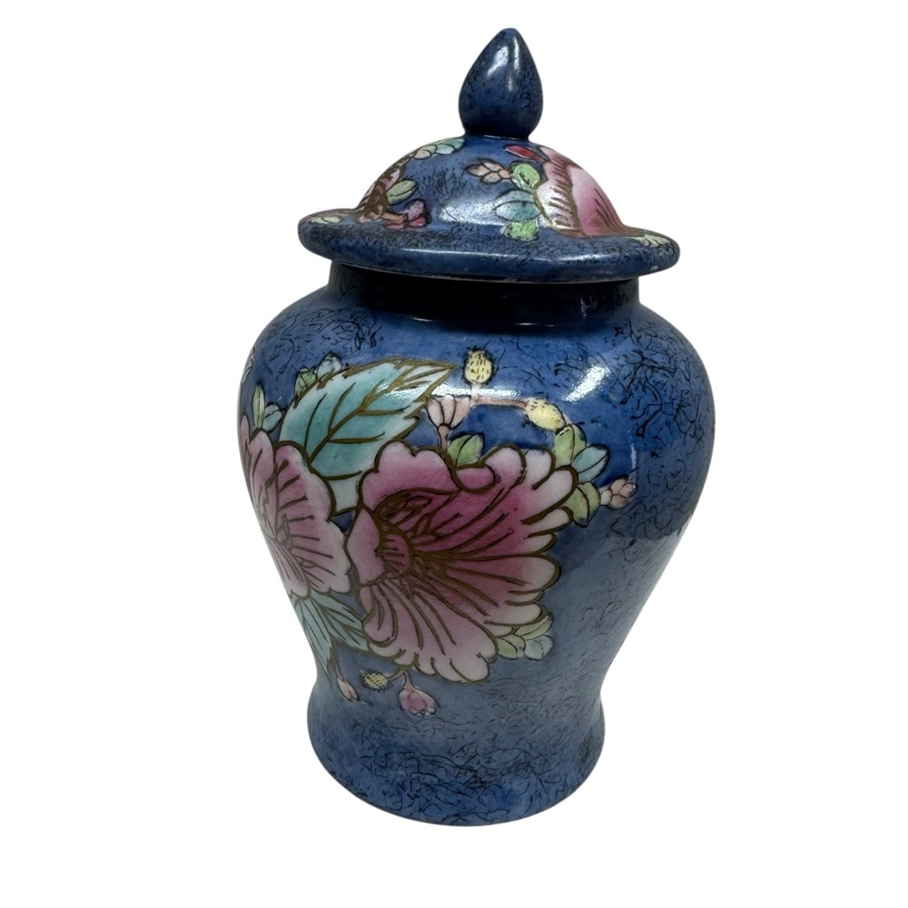 Vintage Chinese Ginger Jar Vase Porcelain Floral Hand Painted Floral 6.5” Blue - Picture 2 of 7